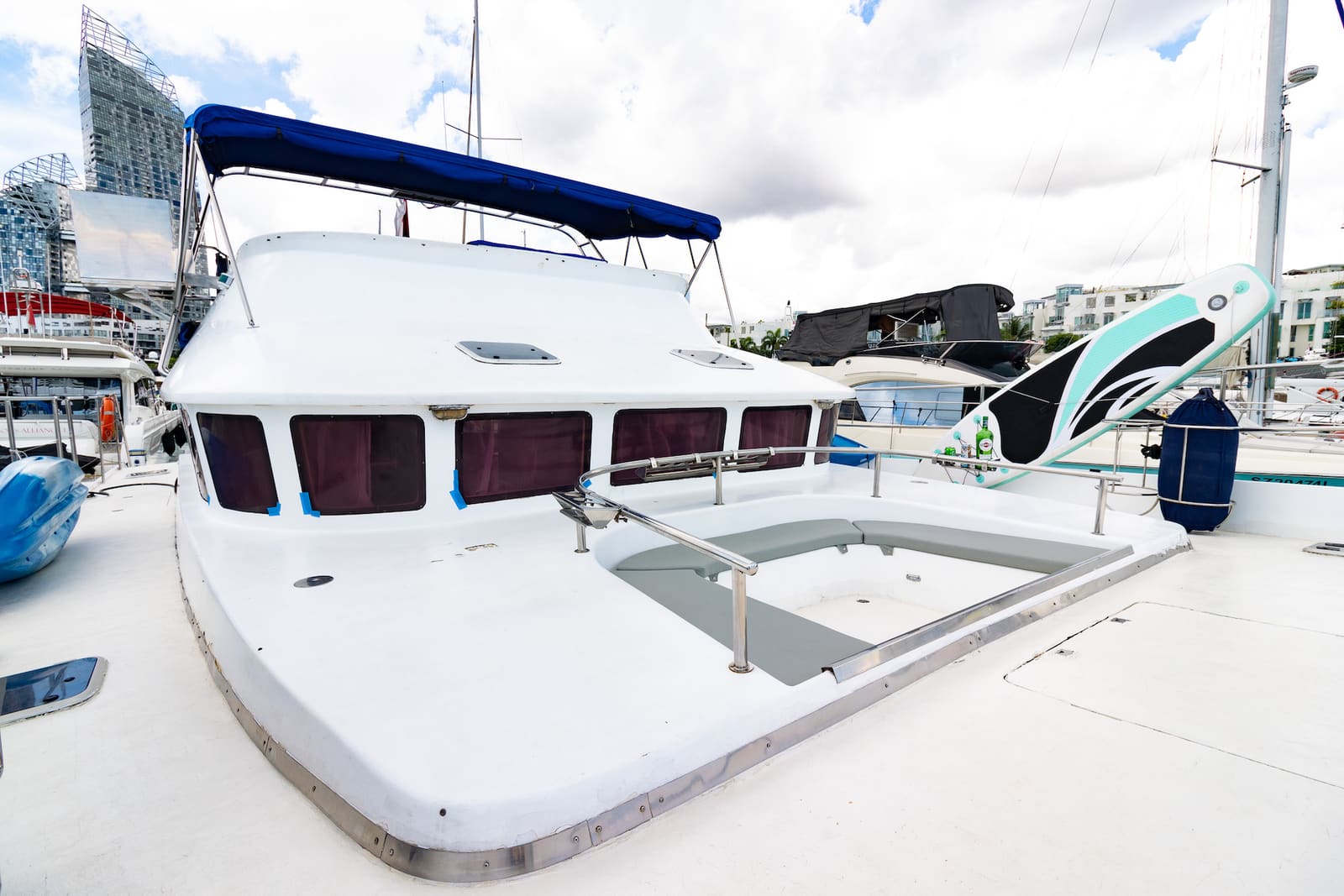 The foredeck's sunken lounge, with safety netting along the bow rails